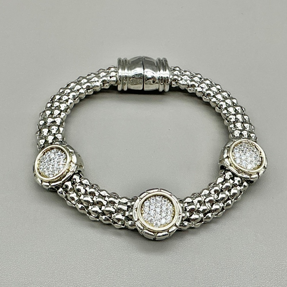 Bracelet Women Silver Gold Tone Popcorn Chain Magnetic Clasp Pave Station 7.5in